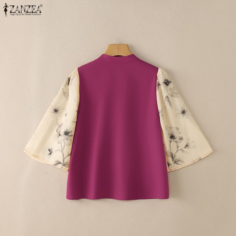 ZANZEA Damen Casual V-Ausschnitt Spleiß 3/4 Ärmel Lockere Bluse