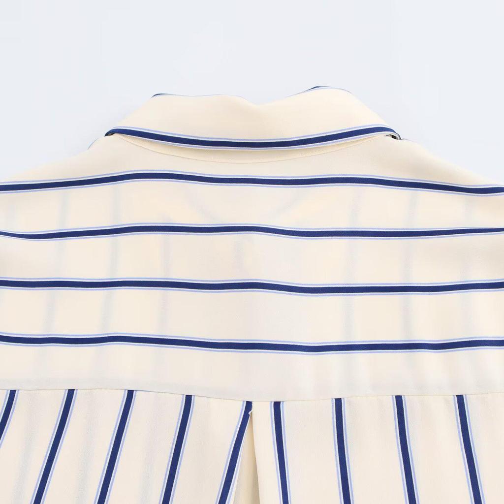 2025 Spring Women's Versatile Striped Wide-Sleeve Shirt with Turn-Down Collar