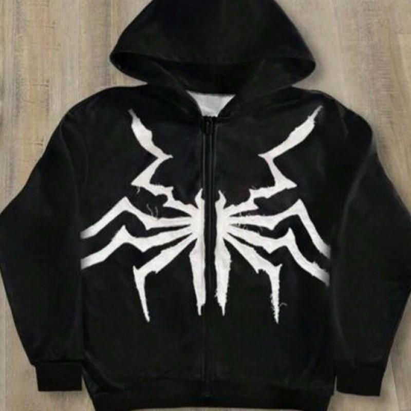 Mens Dark Spider Print Hooded Zip Sweatshirt Loose Streetwear Casual Jacket