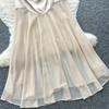 French holiday style sleeveless satin slanted shoulder dress women's summer atmosphere high waist splicing temperament elegant long dress