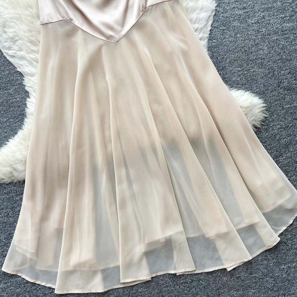 French holiday style sleeveless satin slanted shoulder dress women's summer atmosphere high waist splicing temperament elegant long dress