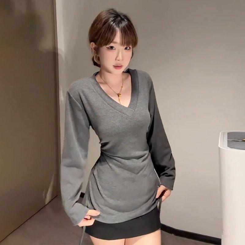 

2025 Early Spring Gray V-Neck Long Sleeve Slim Fit Women s T-Shirt M серый