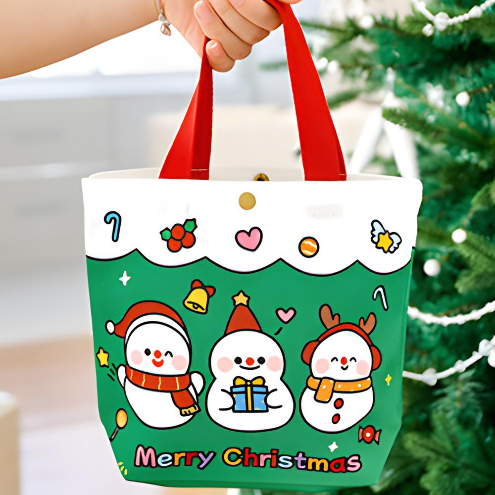 Christmas Gift Bags Reusable Canvas Tote girl & Women, Festive Santa Snowman Pattern with Snap Closure, Shopping, and Daily Use