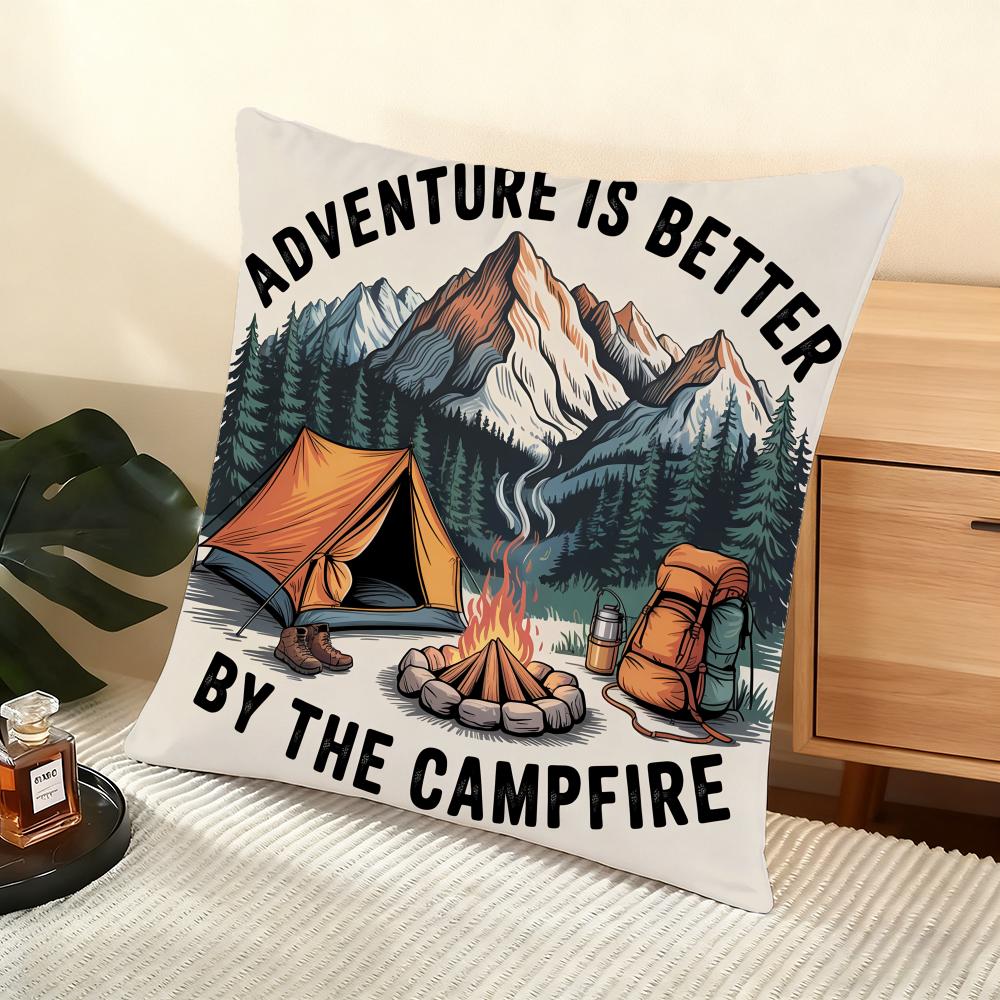H-Happy Camping Cushion Cover Soft Short Plush Pillow Cover Smooth Cozy Texture Aesthetic Cushion Case Home Decor