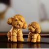 Cliff Cypress Wood Carved Teddy Dog Tea Pet - Cute Zodiac Puppy Decoration Ornament
