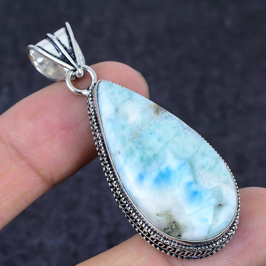 Larimar Gemstone Handmade 925 Sterling Silver Jewelry Pendant 2.36" R2i40