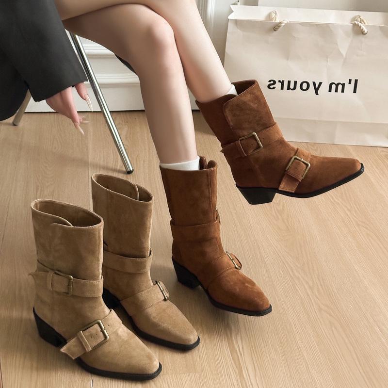 Retro western cowboy boots women's autumn new pointed thick heel short boots versatile height increase small Martin boots