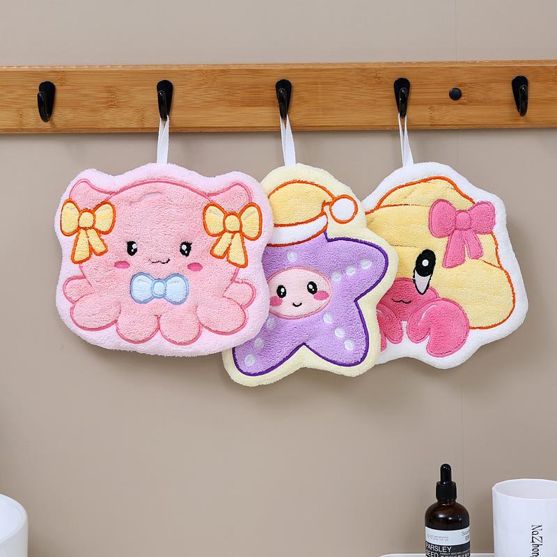 Cartoon marine animal hanging hand towel absorbent quick-drying thickened children's coral fleece soft cute octopus towel