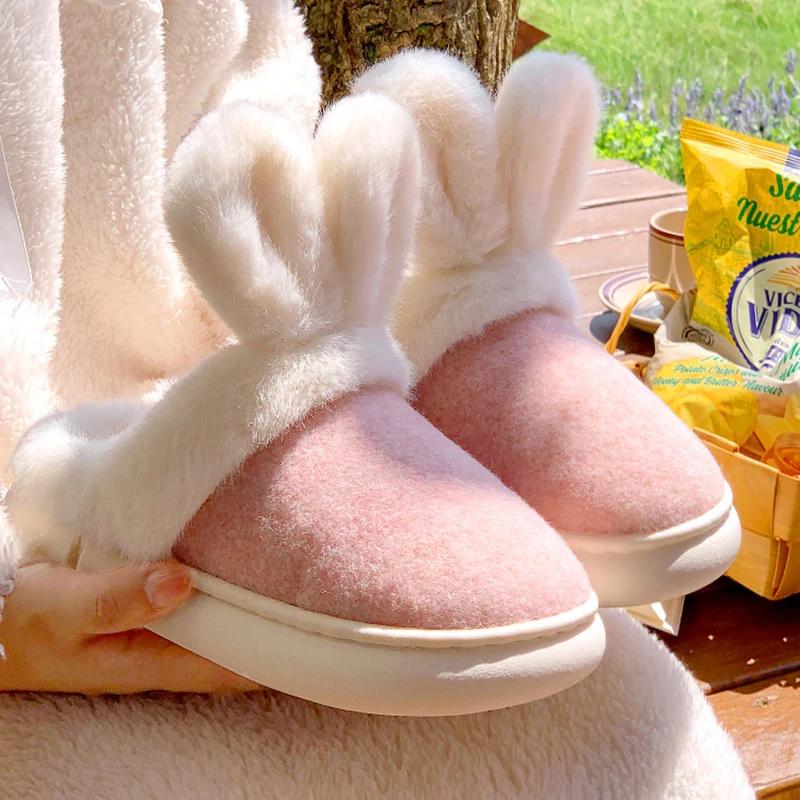 Fashion Platform Fluffy Slippers Women House Plush Rabbit Designer Winter Shoes Girls Flats Elegant Indoor Fashion Casual Footwear Warm