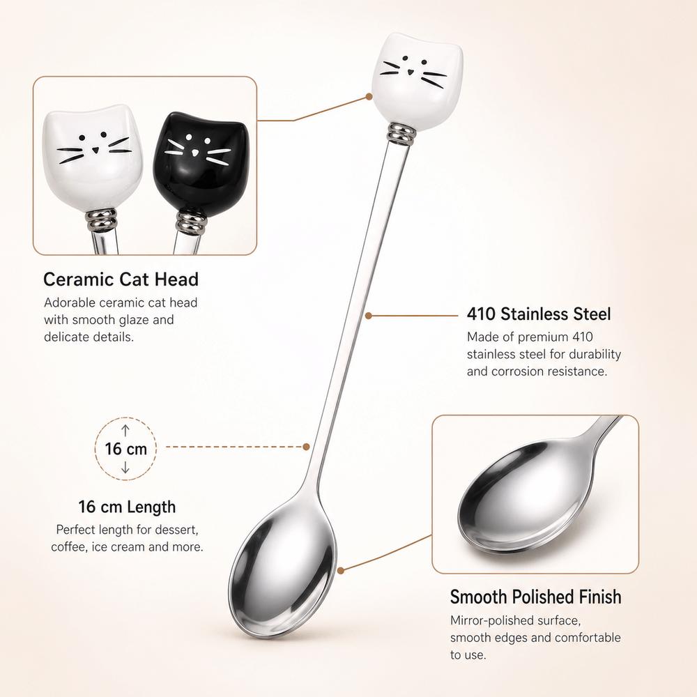 Stylish Cartoon Cat Spoon Stainless Steel Handle Food Grade Rice Spoons Ice Cream Spoon Dessert Serving