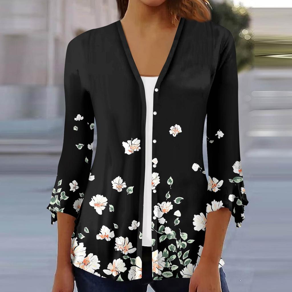Women's Fashion Loose Casual Printed Seven-Part Sleeve Button Down Blouse Cardigan Top