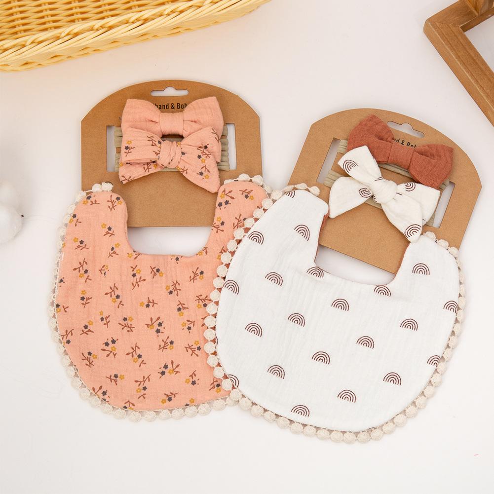 3pcs Sets Baby Bib Bow Headdress Baby Girl Headband Kids Stuff Feeding Bibs Set Bebe Saliva Towel Linen Burp Cloth Newborn Items