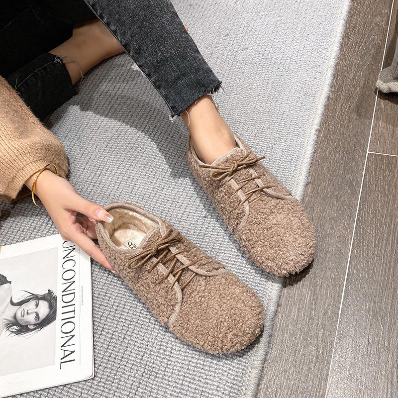 

Fashion 2025 Brand Fur Shoes Woman Lace-Up Loafers White Woolen Boots Femmes Thicken Plush Moccasins Winter Curly Lambswool Shoes Ladies 4.5 хаки