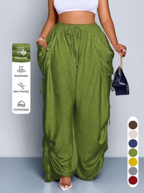 Women's Elastic Drawstring Waist Wide Leg Pants Loose Palazzo Trousers Retro Punk Ruched Casual Pants