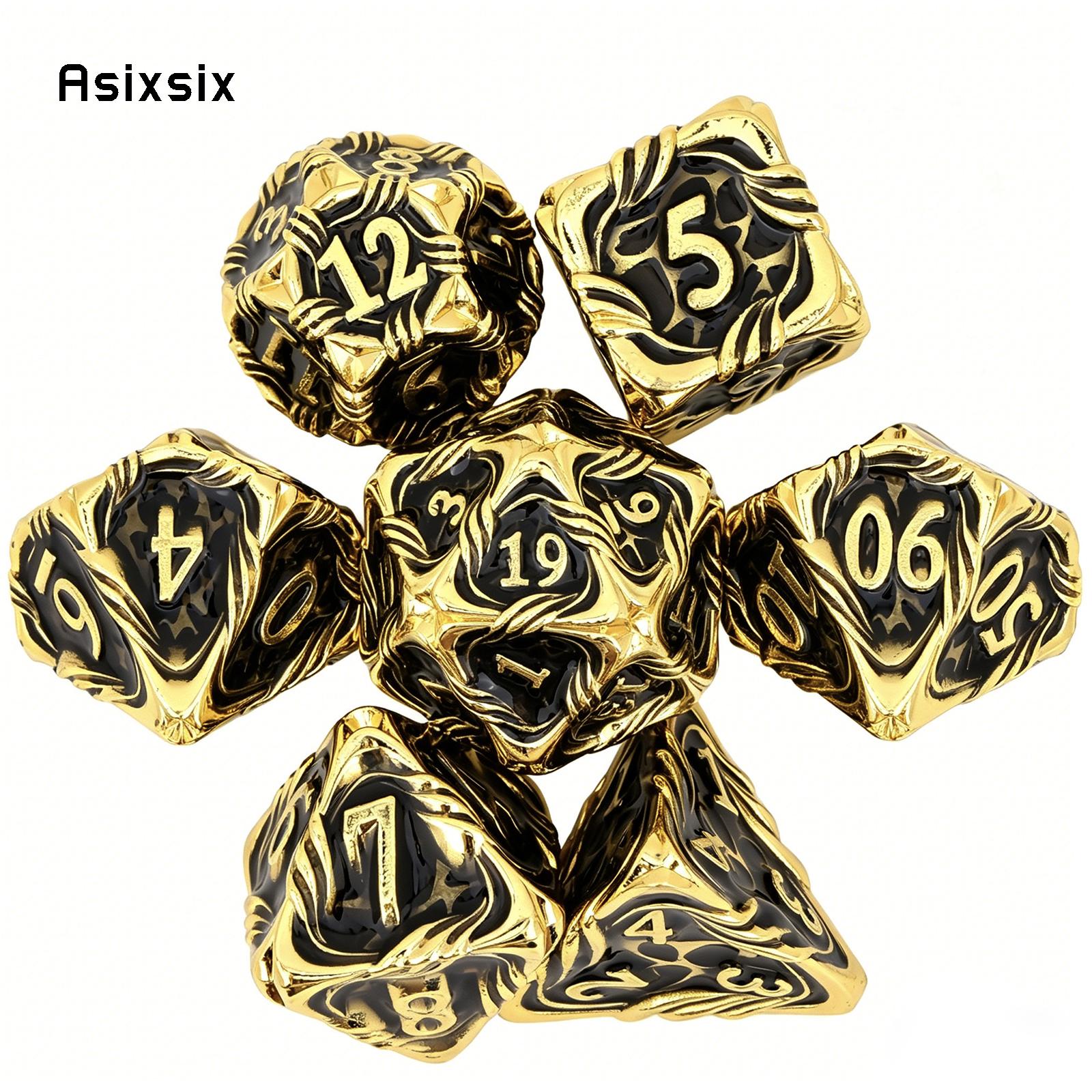 7 Pcs Yellow Black Tree Vine Metal Dice Solid Metal Polyhedral Dice Set Suitable for Role-Playing RPG Board Game Dice RPG
