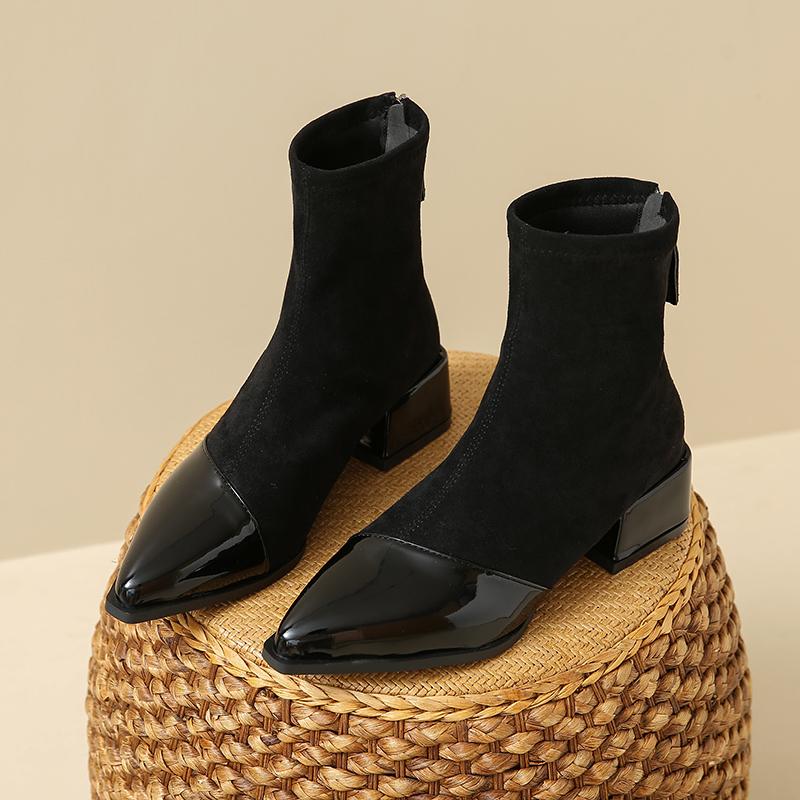 Fashion Winter New Coarse Heel Cotton Boots Women's Pointed Back Zipper Splicing Suede Anti-slip Wear-resistant Short Boots