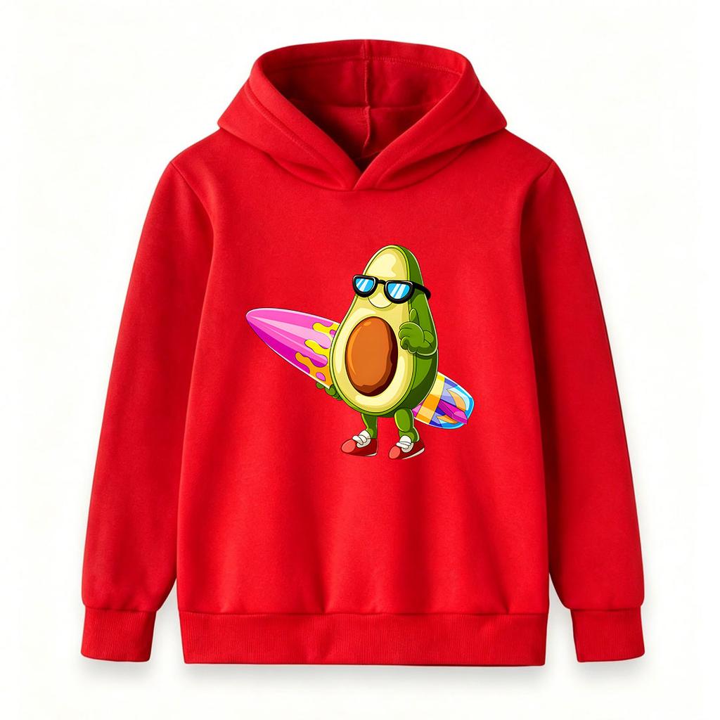 Kids Boys Girls Hoodie, Cool Avocado Surfer Cartoon Print Pullover Hooded Sweatshirt, Casual Long Sleeve Top for Beach Holiday Daily Wear 3-12 Years