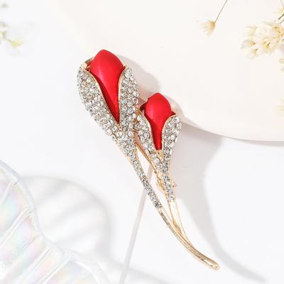 Yousheng Lady Reversbrosche Rote Tulpenform Strass Dekor Anzug Mantel Kragen Formeller Anlass Pendeln Büro Kleidung Anstecknadel Party Abschlussball Schmuck