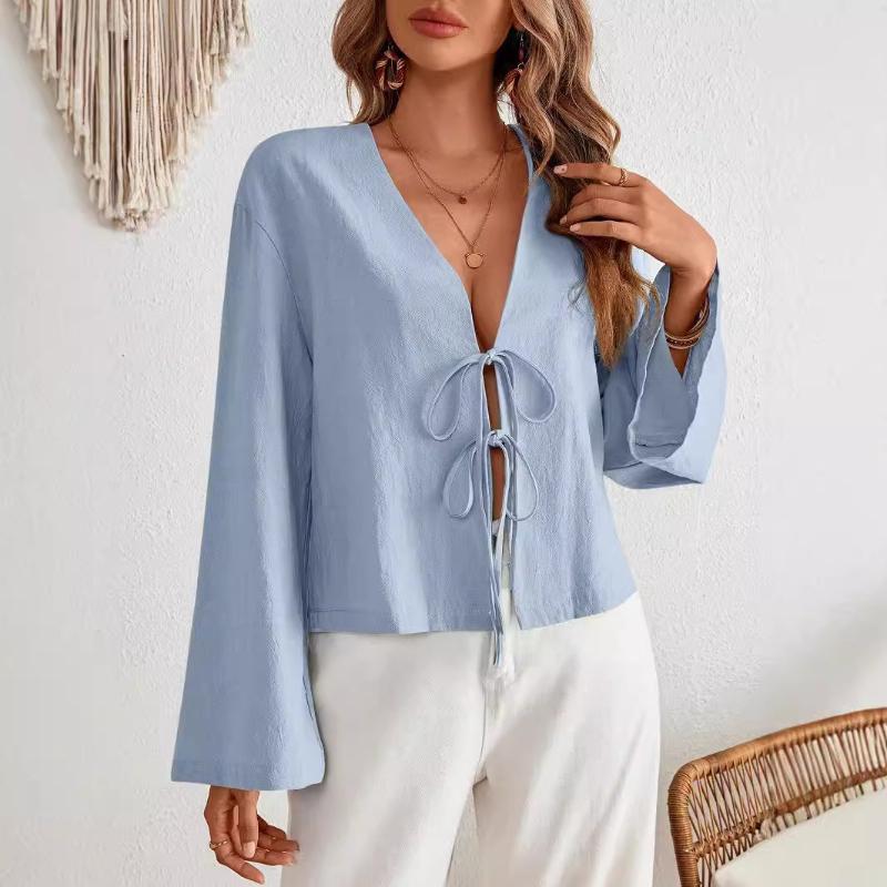 Blouses &Shirts Fashion Women's Clothing Lace-up Long-sleeved Top Shirt Casual Loose V-neck Hollow Solid Color