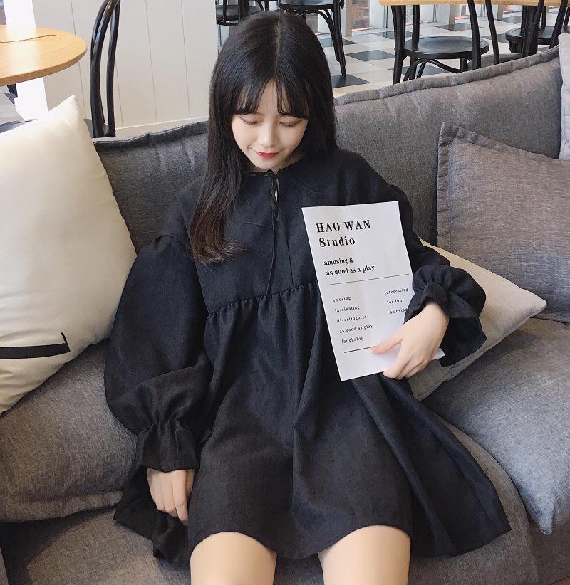 2025 Frühling/Herbst Damen Koreanisch-Japanischer Stil Schnürkleid Trompetenärmel Midi-Kleid