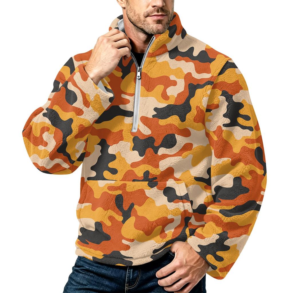 Men's Camouflage Print Flannel Zip-Up Sweatshirt, Stand Collar Plus Size Fall Winter Casual