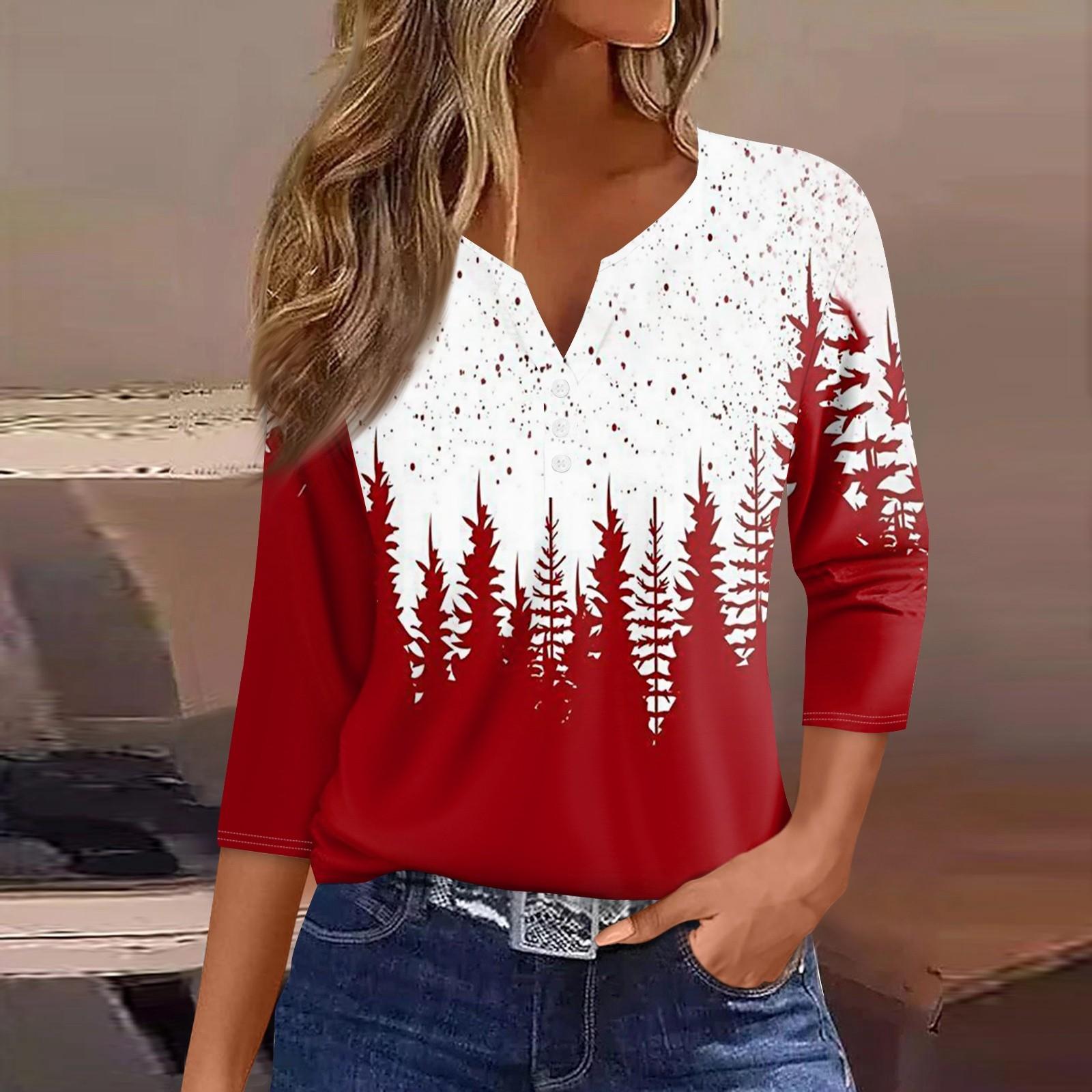 

Женская футболка с рождественским принтом, на пуговицах, рукав 3/4, повседневная мода на выходные, базовый топ с V-образным вырезом XL винный