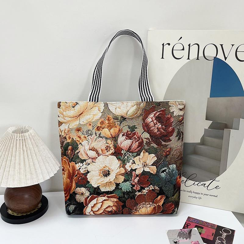 Embroidery Tote Bag for Women Aesthetic Canvas Shoulder Bag with Pocket Reusable Tote Bag for Work Shopping Women's Large Crochet Beach Bag Hobo Bag
