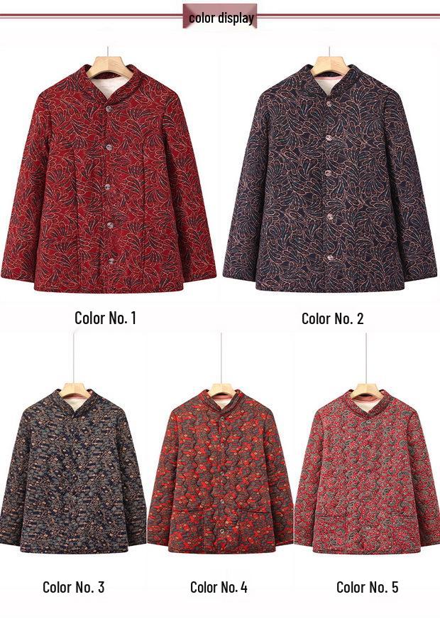 Floral Velvet-Lined Winter Cotton Jacket for Middle-Aged & Elderly