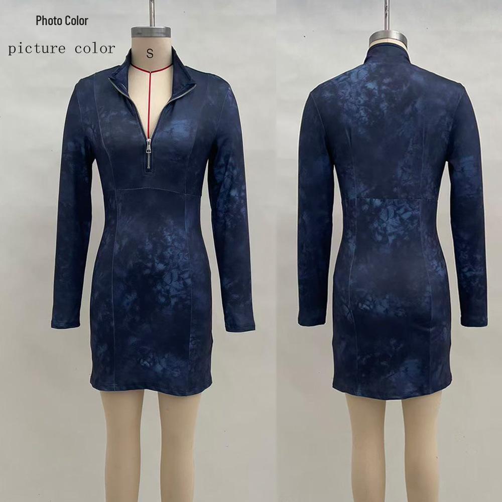 2025 Autumn Women s French Zipper Slim Fit Long Sleeve Dress Large (L)