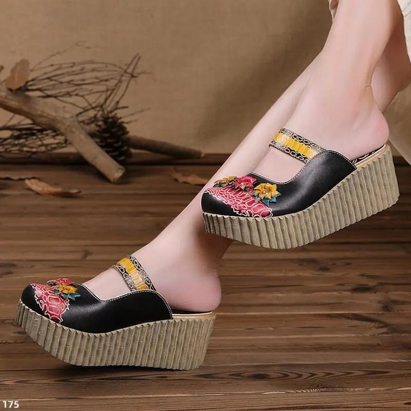 Fashion GKTINOO 2025 Summer Shoes Women Wedge Slides Cover Toes Handmade Flower Thick Heels Genuine Leather Lady Platform Slippers