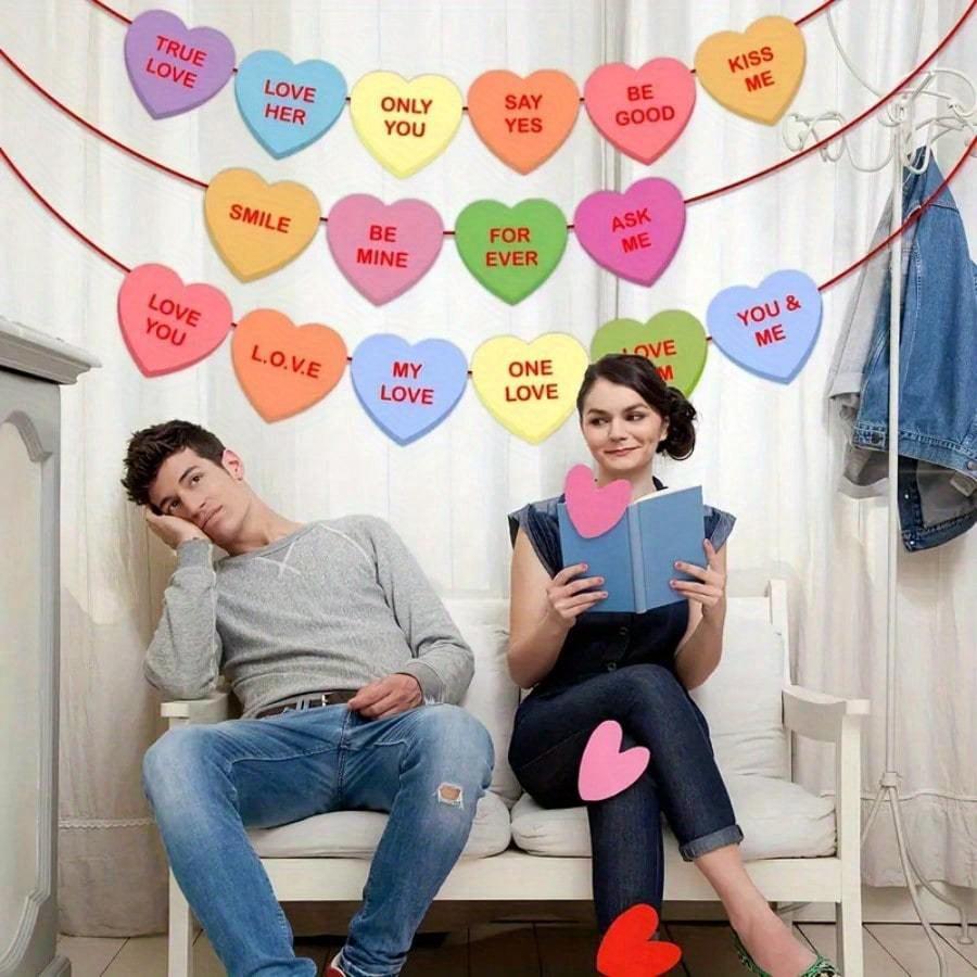 Valentine's Day Heart Banner Garland - Candy-Colored, Pre-Strung with Love Sayings for Anniversary, Wedding & Birthday Decorations