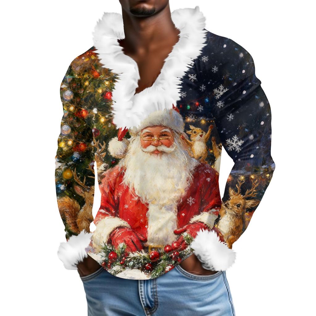 Herren Lässiges Weihnachten Bedrucktes Plüsch V-Ausschnitt und Fleece Langarm-Sweatshirt