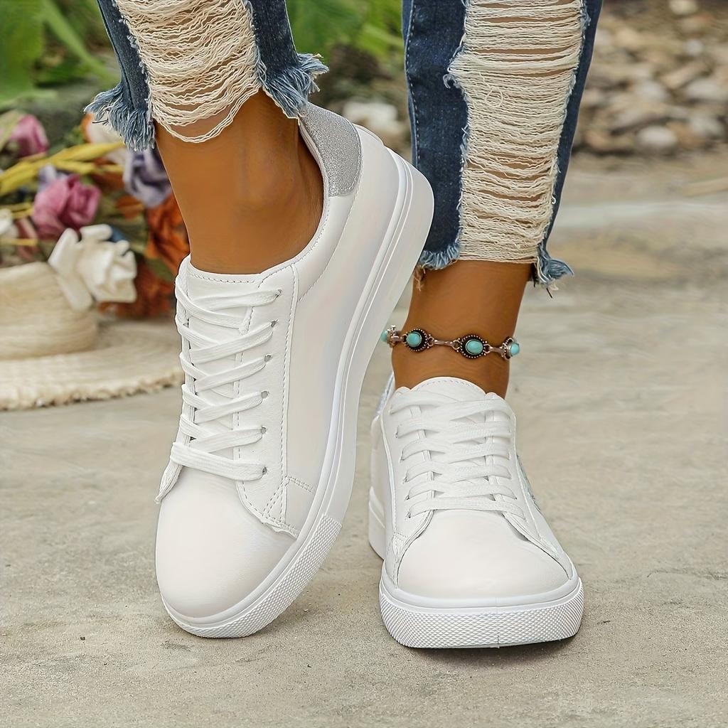 Damen Glitzer Herz Freizeit-Sneaker, Schnürung Leichte Lauf-Skate-Schuhe, Niedrig geschnittene Bequeme Weiße Schuhe für den Herbst, Damenschuhe