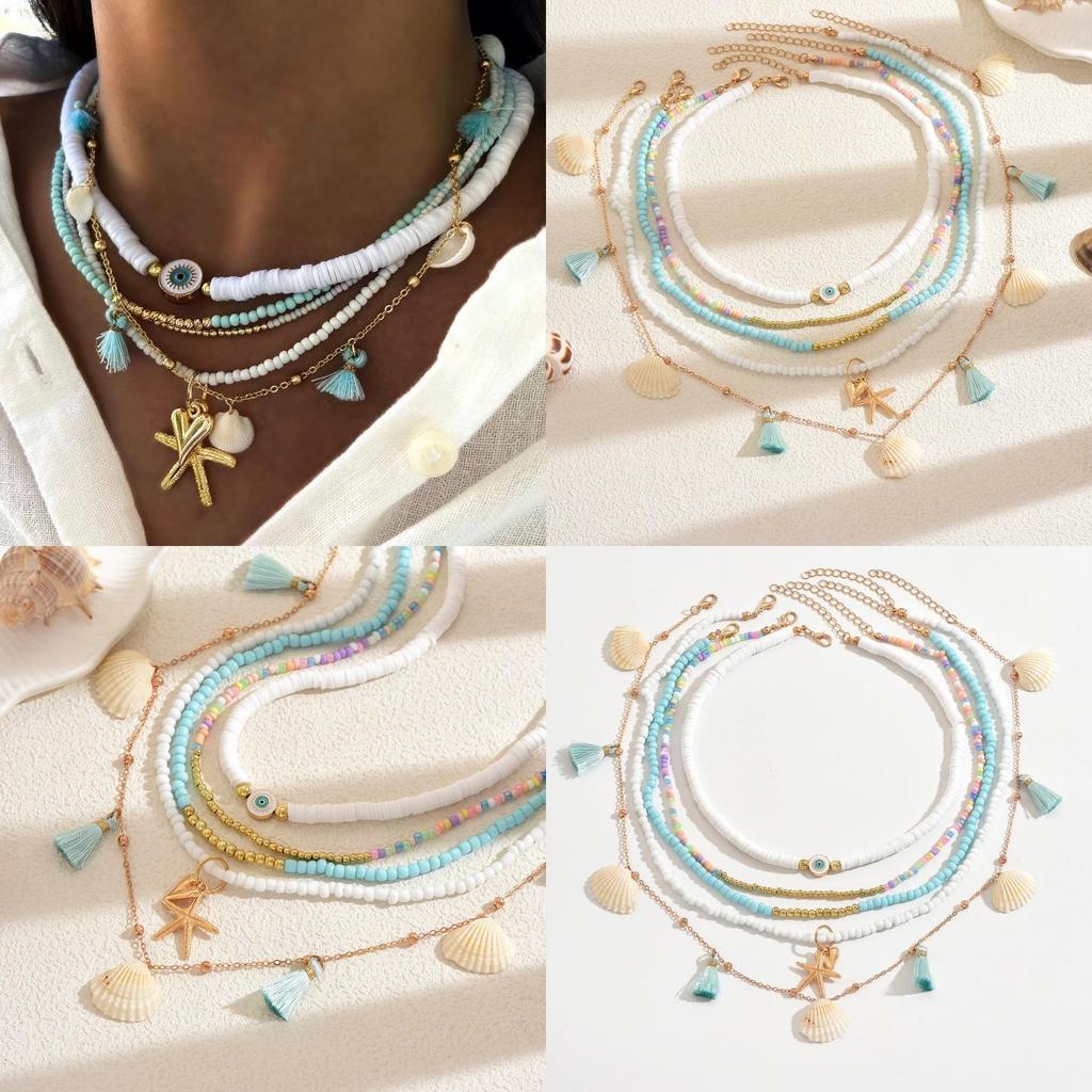 Halsband med pärlor av mjuklera och hänge i stjärnskal för kvinnor