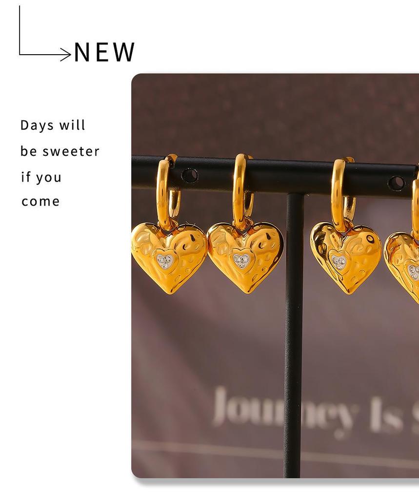 18K Gold-Plated Heart Earrings with Diamonds, Non-Fading Retro Style, European & American Inspired