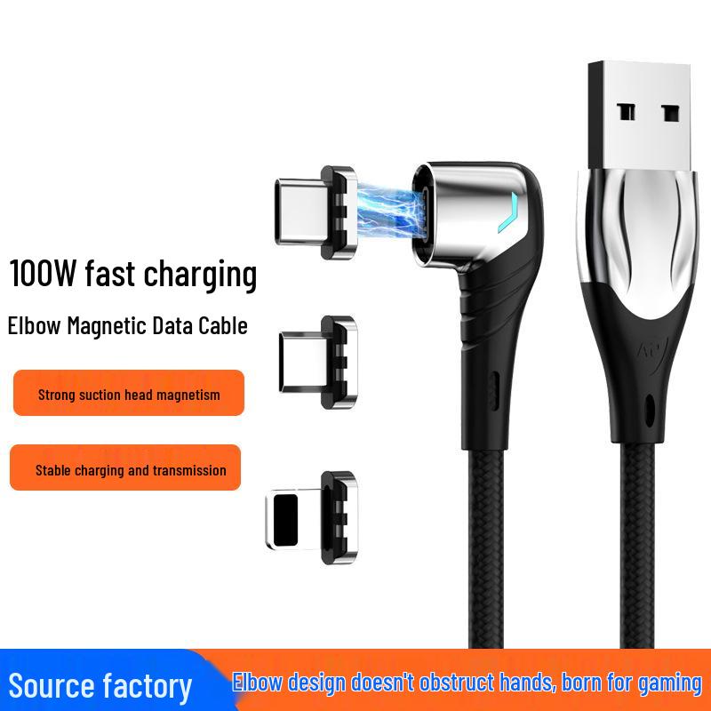 100W Magnetic Cross-Charging Cable: Elbow Type-C, for Android, Apple, 3-in-1