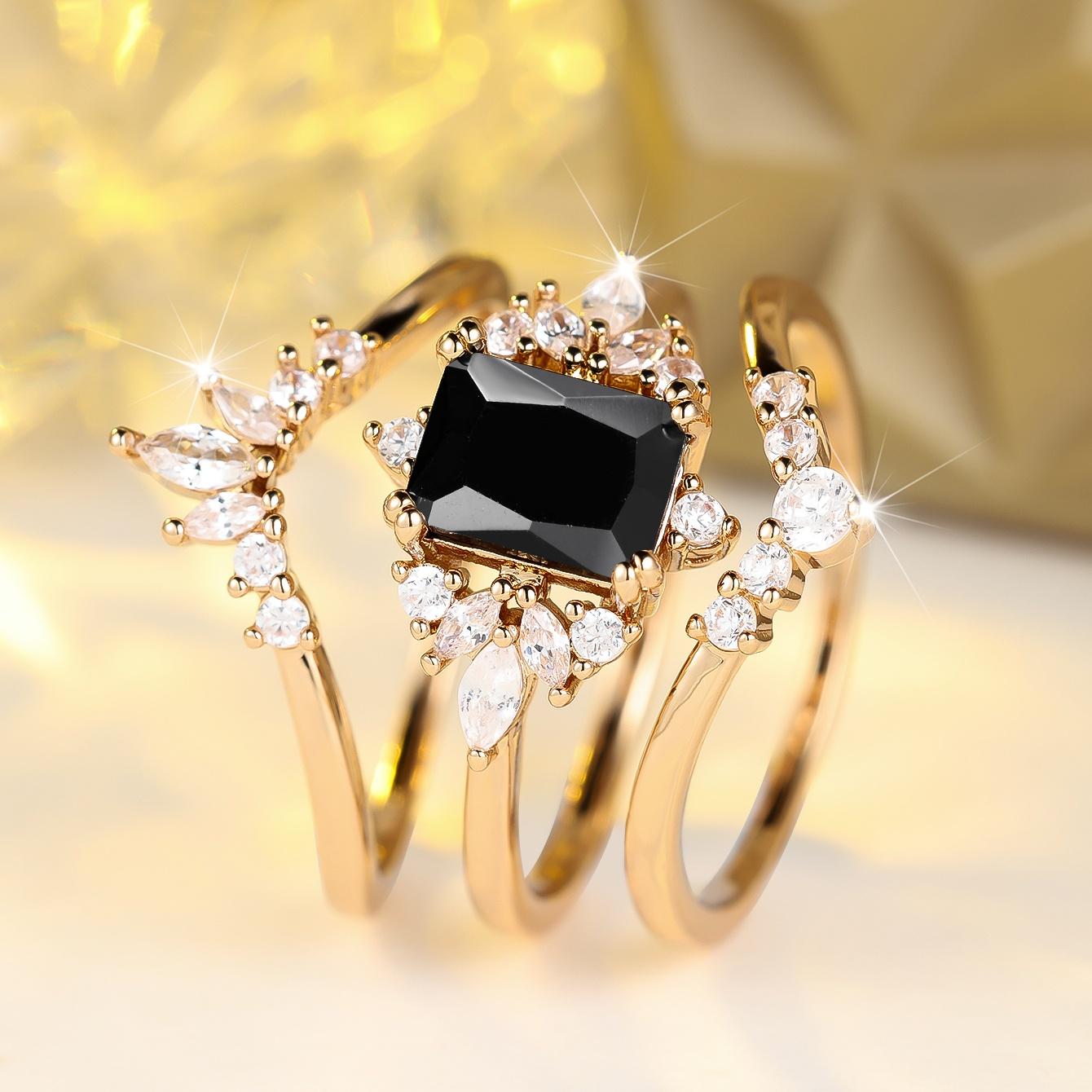 

Cute Female White Black Zircon Stone Ring Set Vintage Gold Color Wedding Jewelry For Women 6 белый