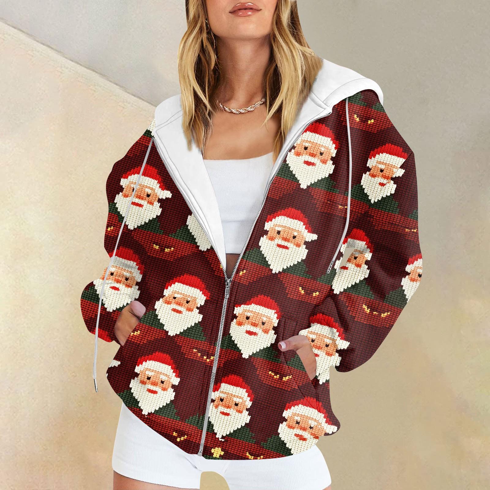 

Женская рождественская печатная толстовка, зимняя куртка-кардиган с длинными рукавами и карманами, на молнии, толстовка с капюшоном, верхняя одежда S фиолетовый