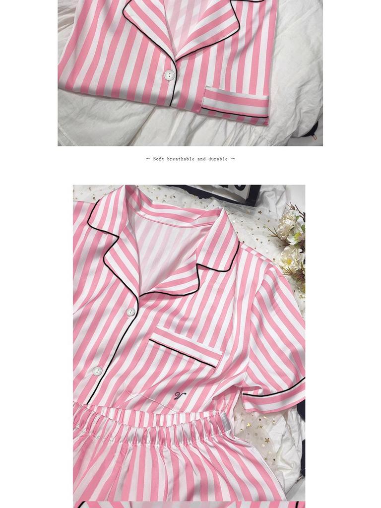 Women's Summer Pink Stripe Ice Silk Short Sleeve Pajama Set for Indoors and Outdoors