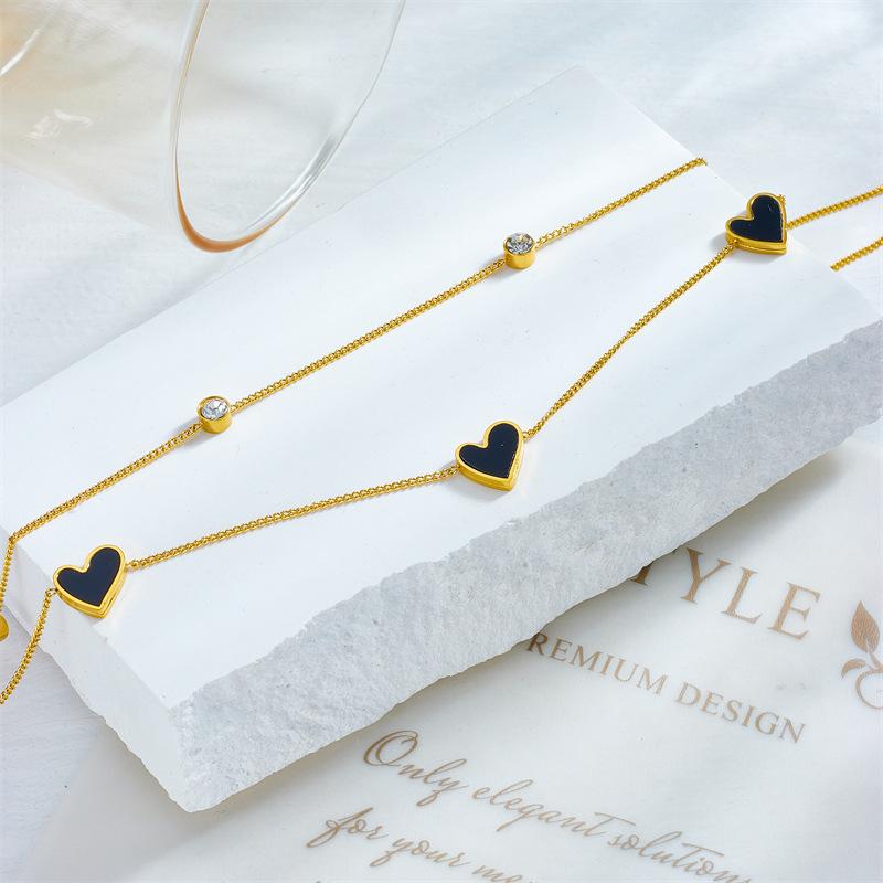 18K Gold Plated Layered Black Enamel Heart CZ Anklet, Dainty Double Chain Foot Bracelet for Women, Trendy Jewelry
