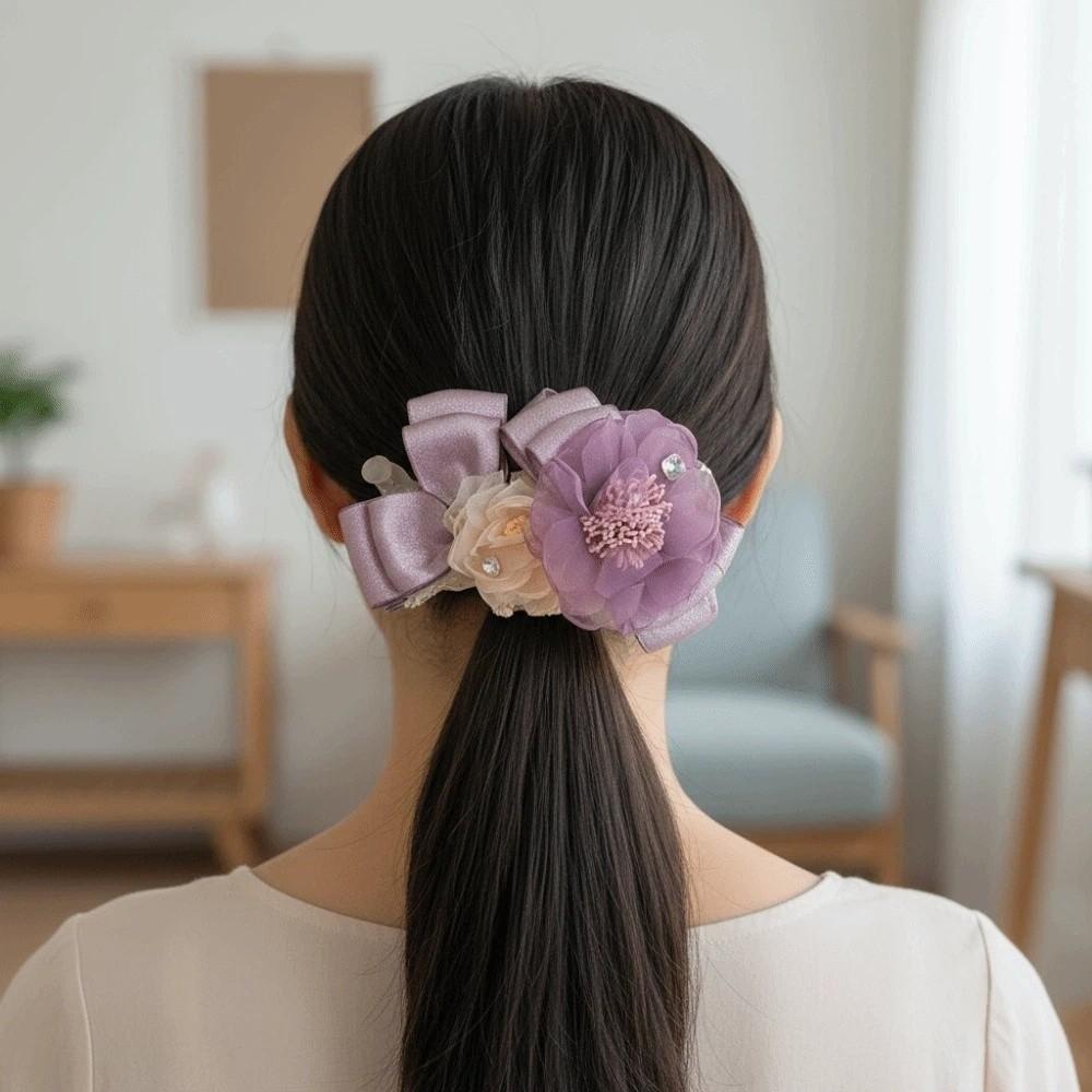 Elegant Flower Banana Clip Resin Women Ponytail Holder Fashion Purple Mesh Vertical Clip  for Gifts