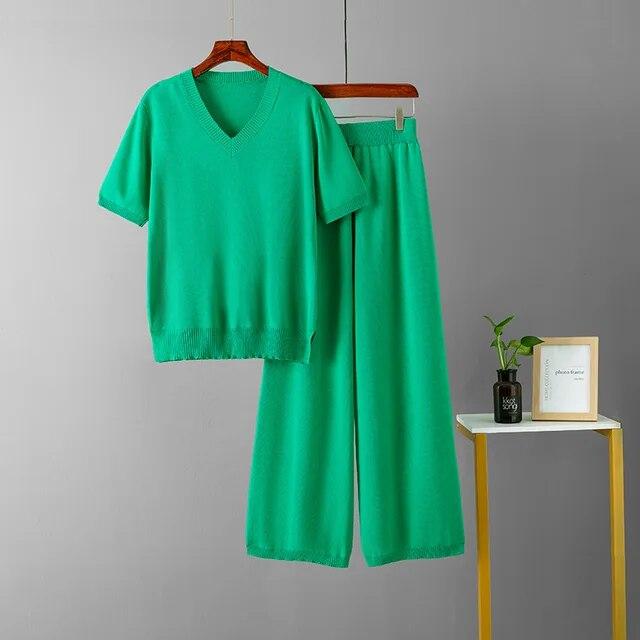 Basic V Neck Spring Summer Women T Shirt Set Fashion Knit Loose Casual Two Piece Short Sleeves Tracksuit Ladys Pant Suit