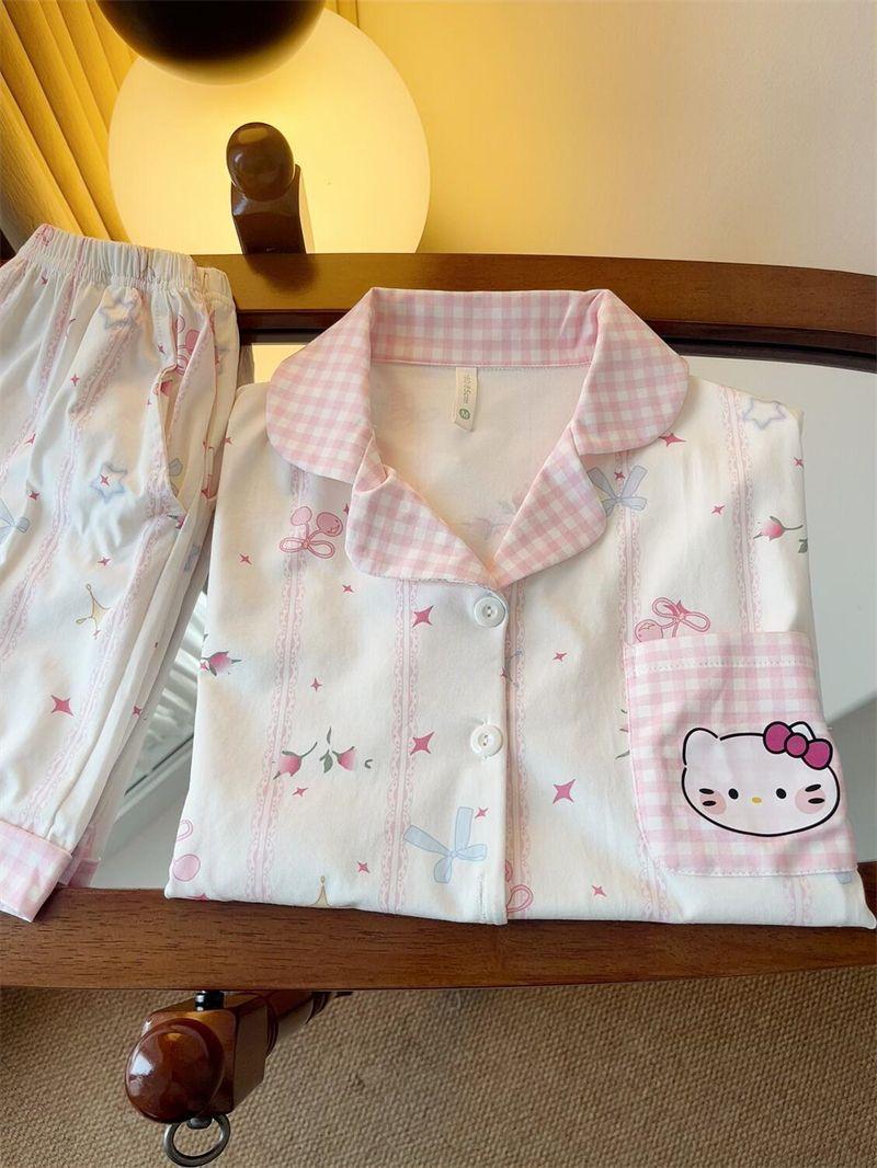 

Japanese Internet celebrities pink plaid Hello Kitty pajamas women s summer short sleeves shorts loungewear can be worn outside the suit S