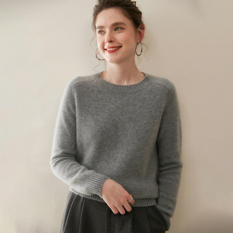 Women's Pure Cashmere Round Neck Sweater - Thickened Knit Pullover, Saddle Shoulder, Autumn/Winter Base Layer.