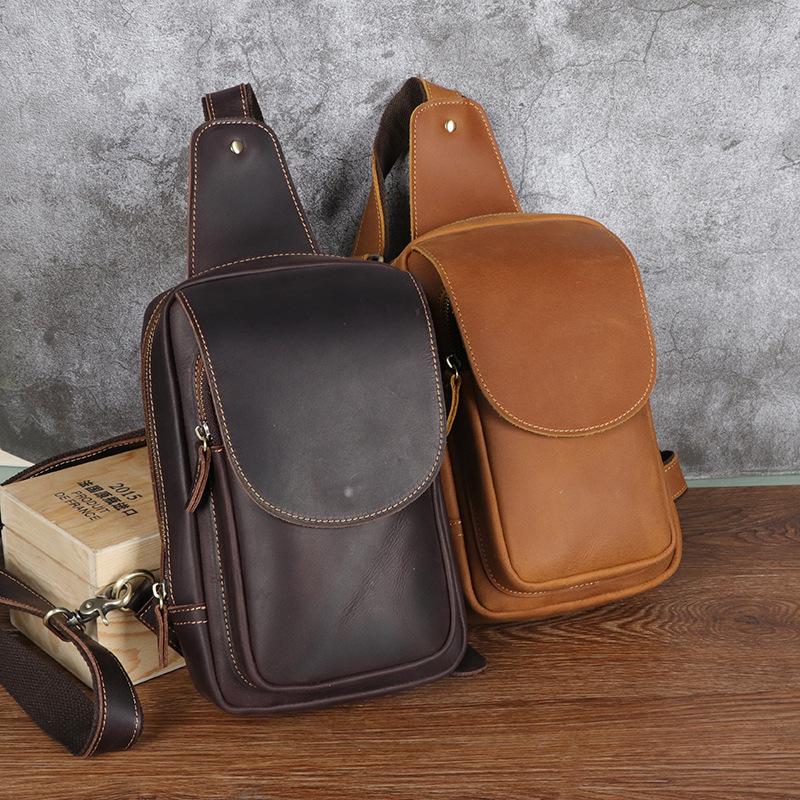 Crazy Horse Leather Men's Chest Bag, Genuine Leather Waist Bag, Retro Business Casual Top Layer Cowhide Small Shoulder Bag, Chest Bag