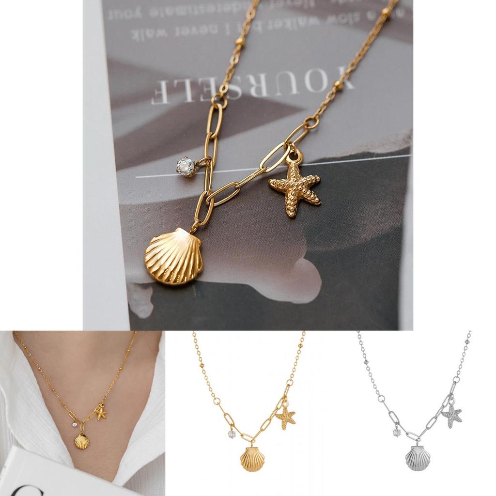 Stunning Gold And Silver Titanium Steel Starfish Shell Pendant Necklace For Women