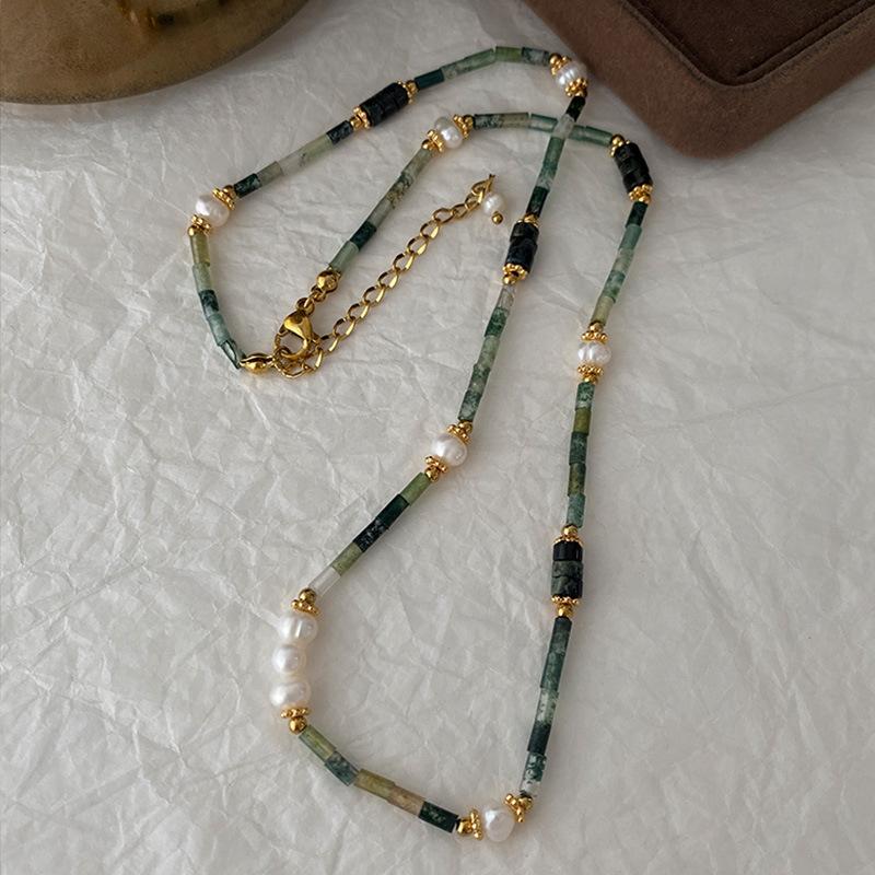 

Зеленое ожерелье из настоящего жемчуга Dongling, бусины-трубки ручной работы, новая цепочка на ключицу в китайском стиле, ниша, не выцветающая цепочка на шею из натурального камня