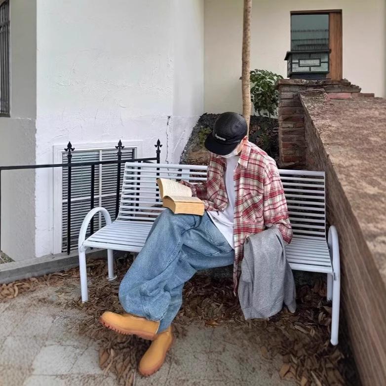 

Men s Retro Plaid Turn-Down Collar Long Sleeve Shirt - Casual Spring Jacket L синій