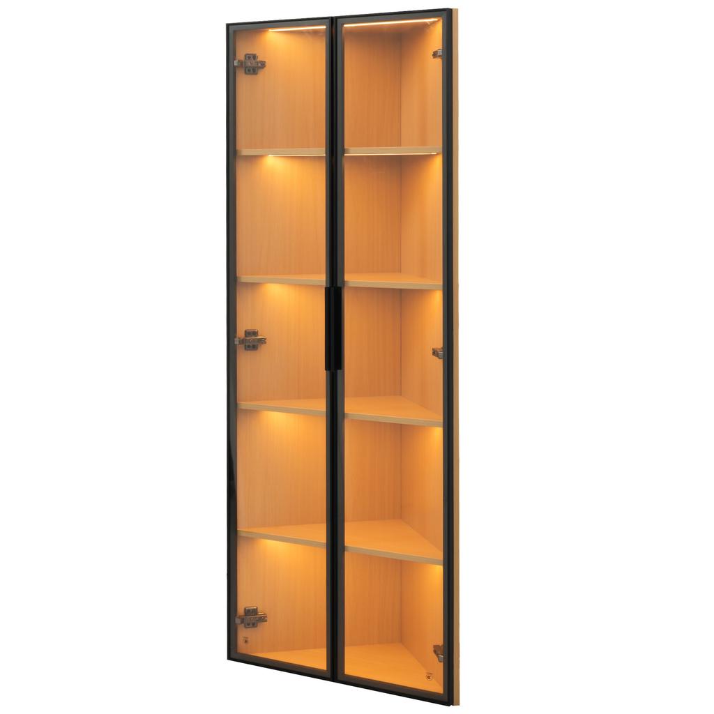 LED glass cabinet 62x35x160cm – oak exterior, light strip, dust-proof, tempered glass, corner cabinet with door – bookshelf, wine cabinet