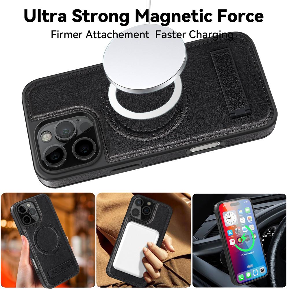 Fashion Leather for Magsafe Phone Case for iPhone 16 Pro Max 15 14 13 12 11 With Stand Bracket Strong Magnetic Shockproof Cover